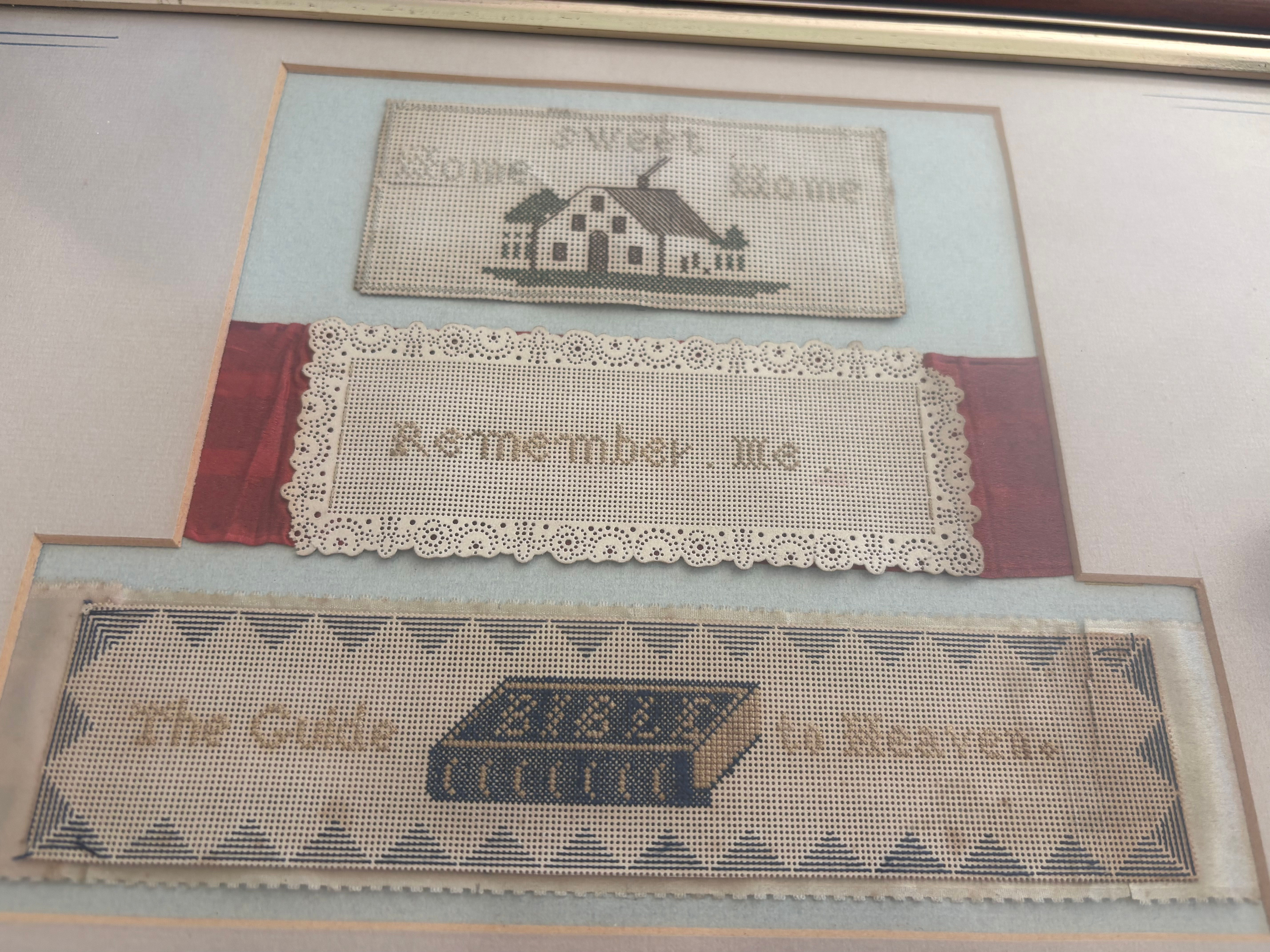 Three Victorian Perforated Card Embroidered Bookmarks – Framed Collection, c.188