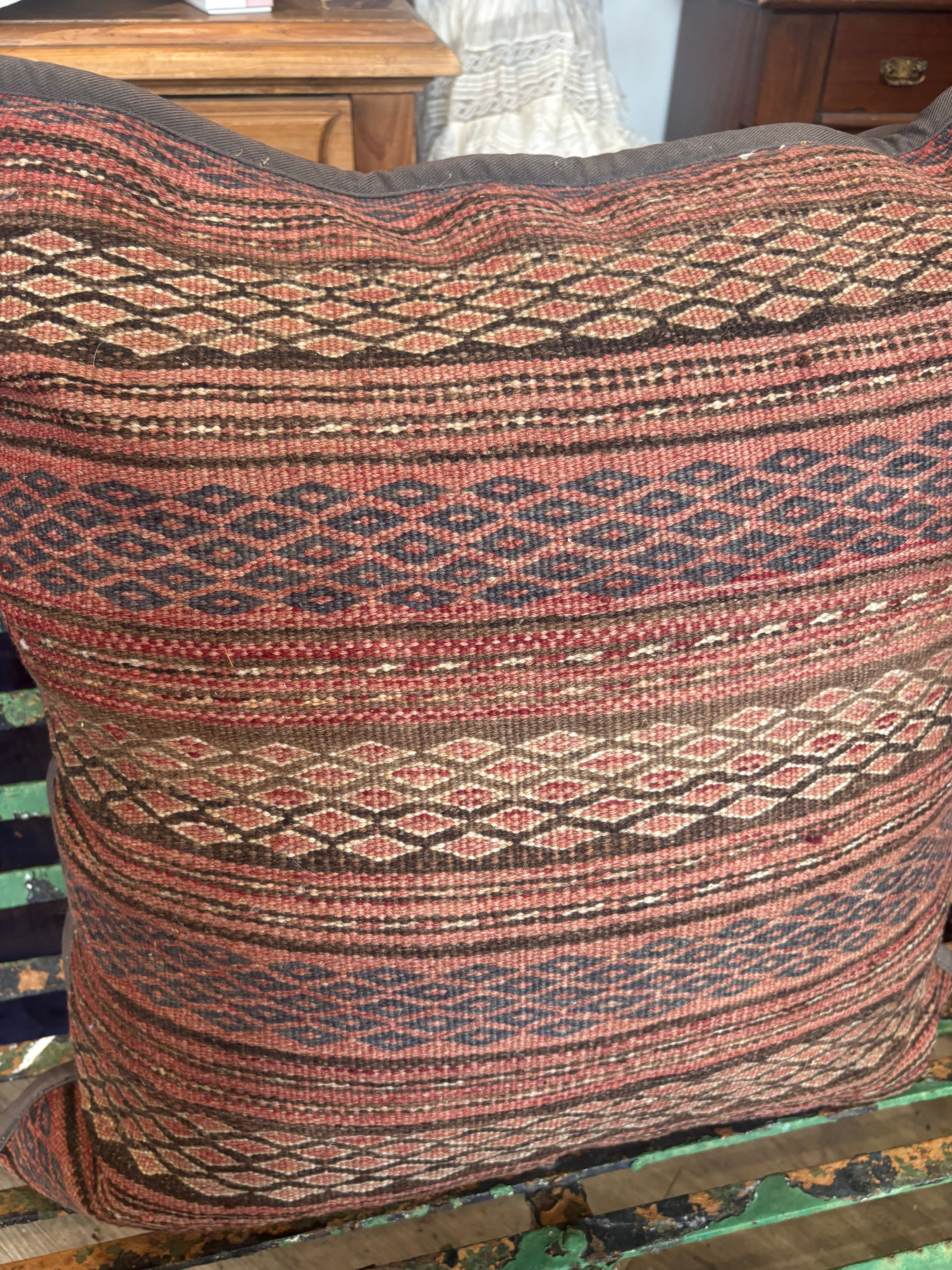 Large Antique Persian Tribal Kilim Floor Cushion – 27” Square