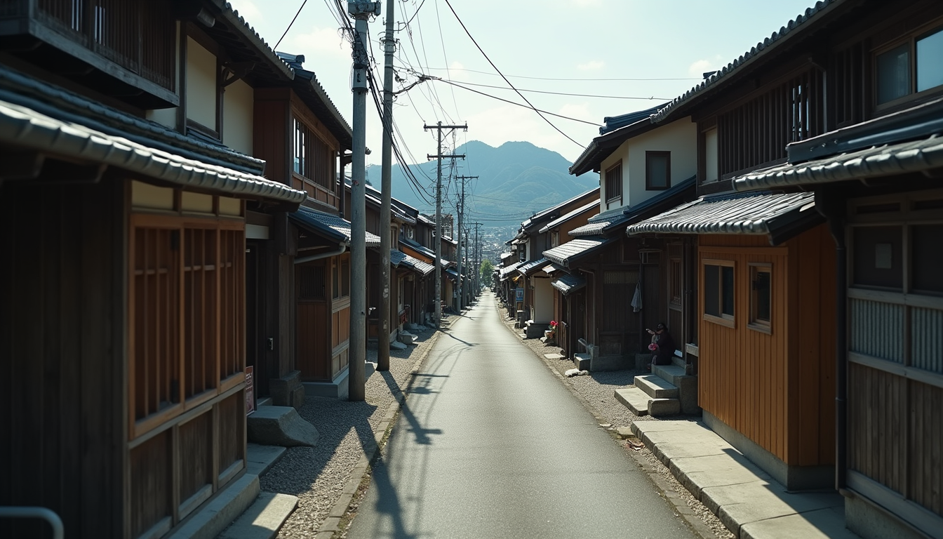High angle view of a traditional Japanese street lined with wooden houses