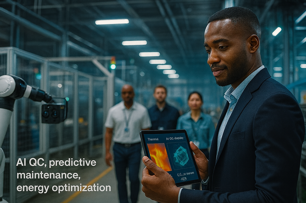 On the factory floor with an AR tablet—AI QC, thermal overlay, predictive maintenance