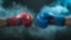 closeup-two-man-hands-red-blue-boxing-gloves-hitting-each-other-isolated-dark-misty-backgr