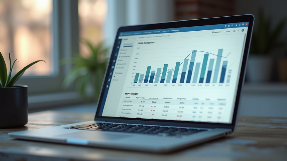 Close-up view of a laptop screen showing SEO analytics dashboard
