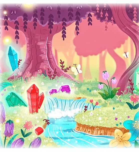 A magical illustration of Crystal Grove from the first Sunny and Luna book, depicting a vibrant forest with shimmering silver