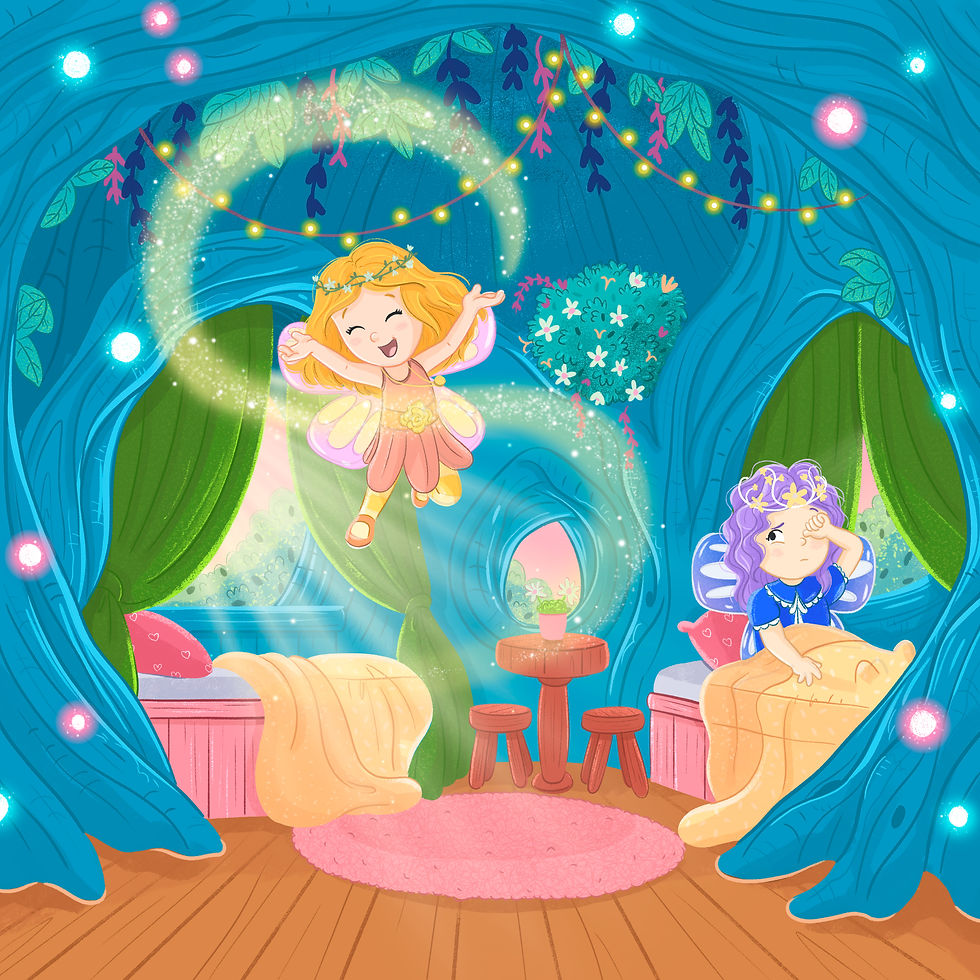 Illustration of Sunny and Luna fairies in an enchanted forest, promoting imaginative play and mindful adventures