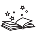 Black line illustration of an open magical book with sparkles and stars, storytelling theme