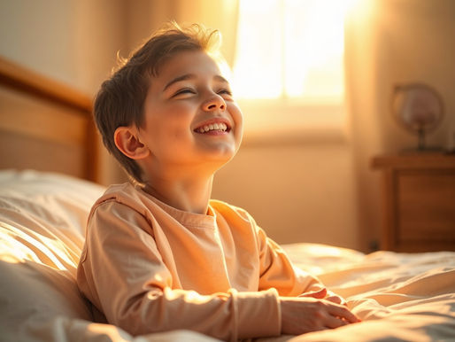 A young boy sitting up in bed, as the morning sun peaks through his window