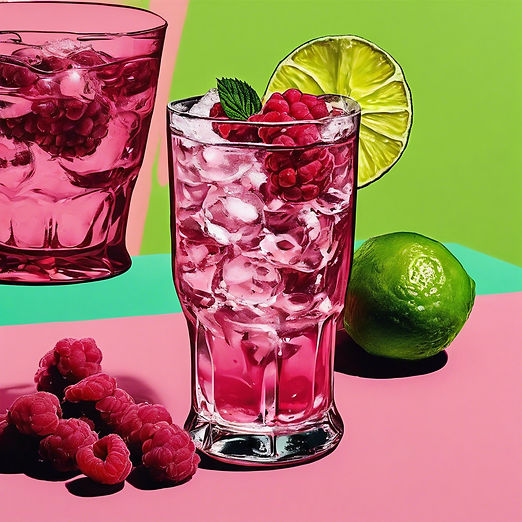 table covered in ginger and raspberries, with low ball glass full of raspberry-tinted spar