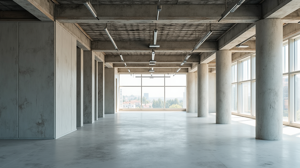 Eye-level view of a modern office space under construction with exposed ceilings and basic partitions