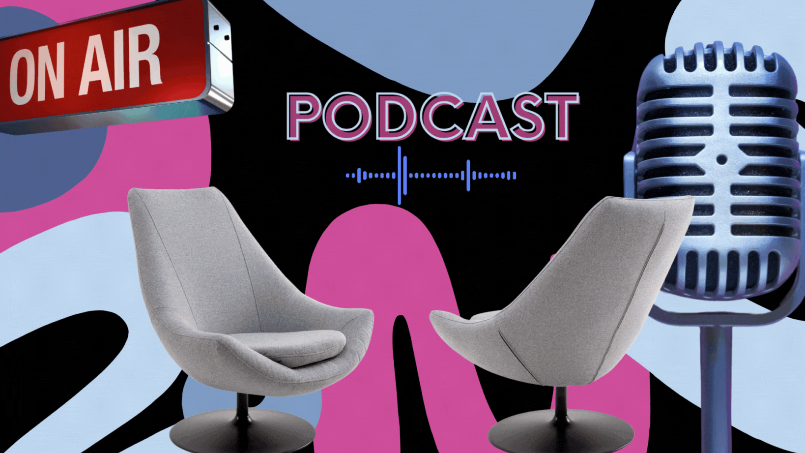Image of podcast pink black blue and two white chairs