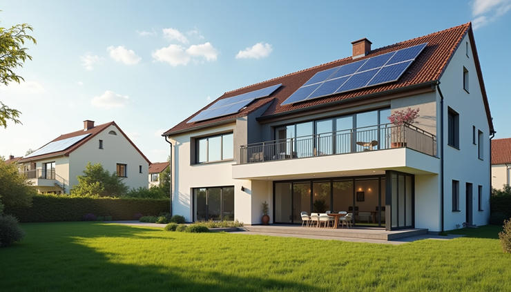 Eye-level view of a modern residential building with solar panels and energy-efficient windows