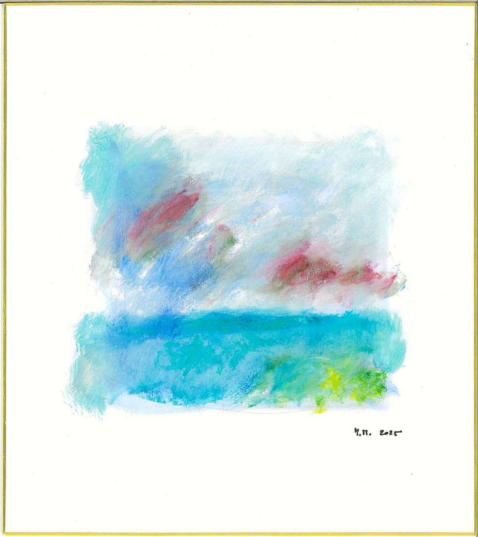 Abstract pastel seascape on Japanese shikishi board by Yves Millet with vivid sky and sea.