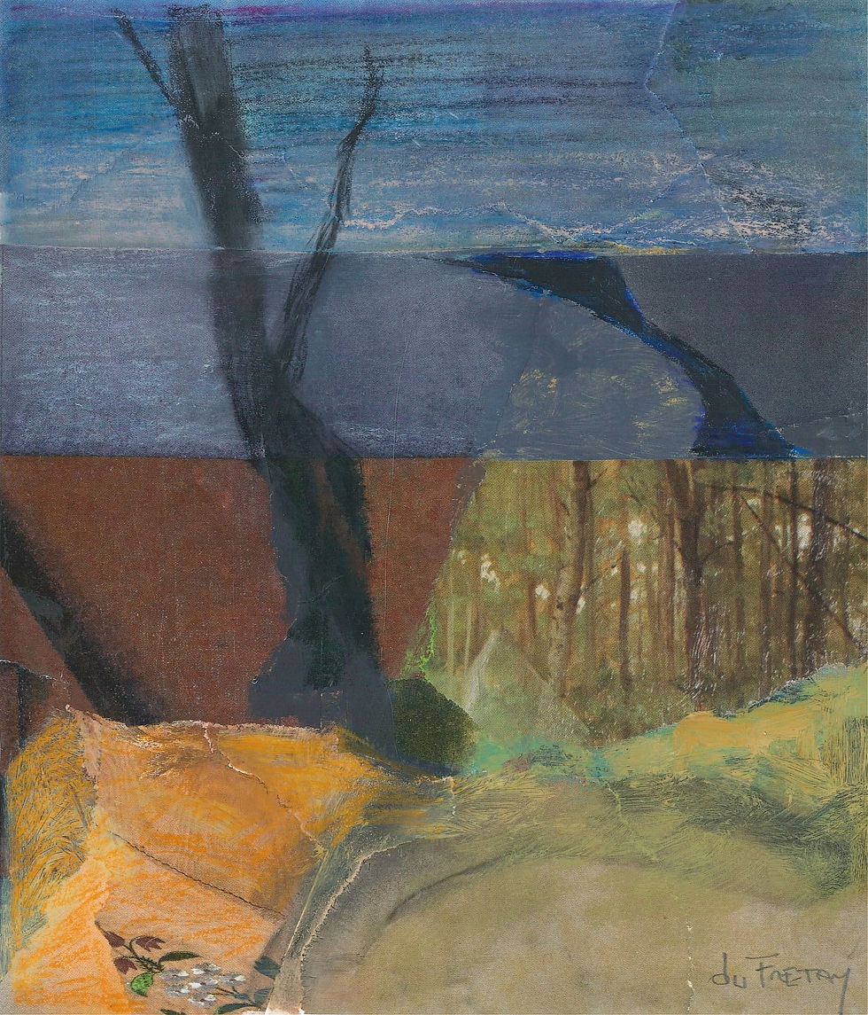 Layered landscape with twilight blues and forest imagery on Japanese shikishi board by Christian Halna du Fretay.