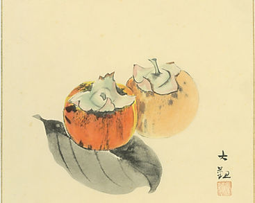Traditional sumi-e painting on Japanese Shikishi Art Board representing the kaki fruit, orange color.