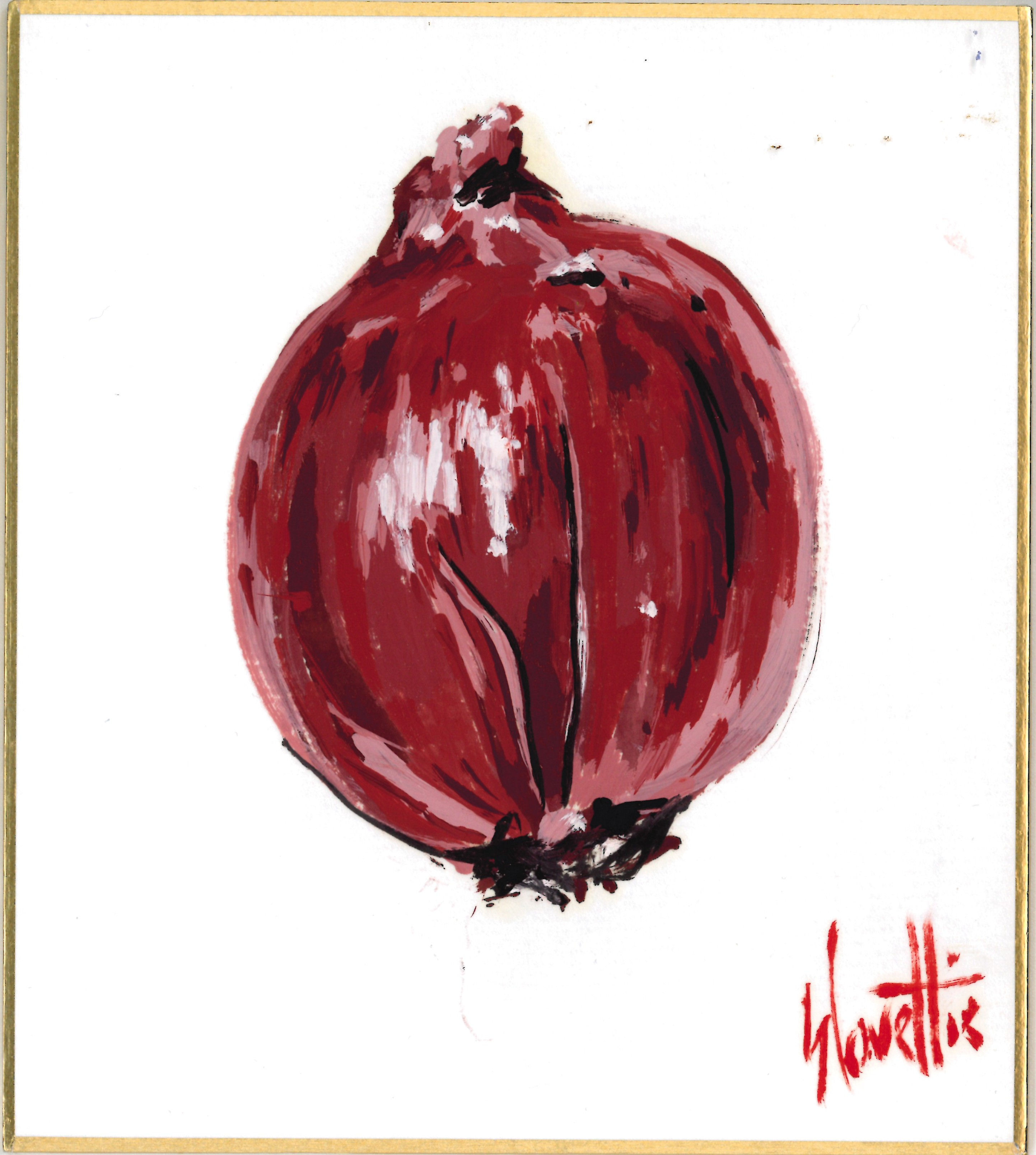 Red onion oil painting by Sebastien Coueffic on a mini Japanese shikishi art board