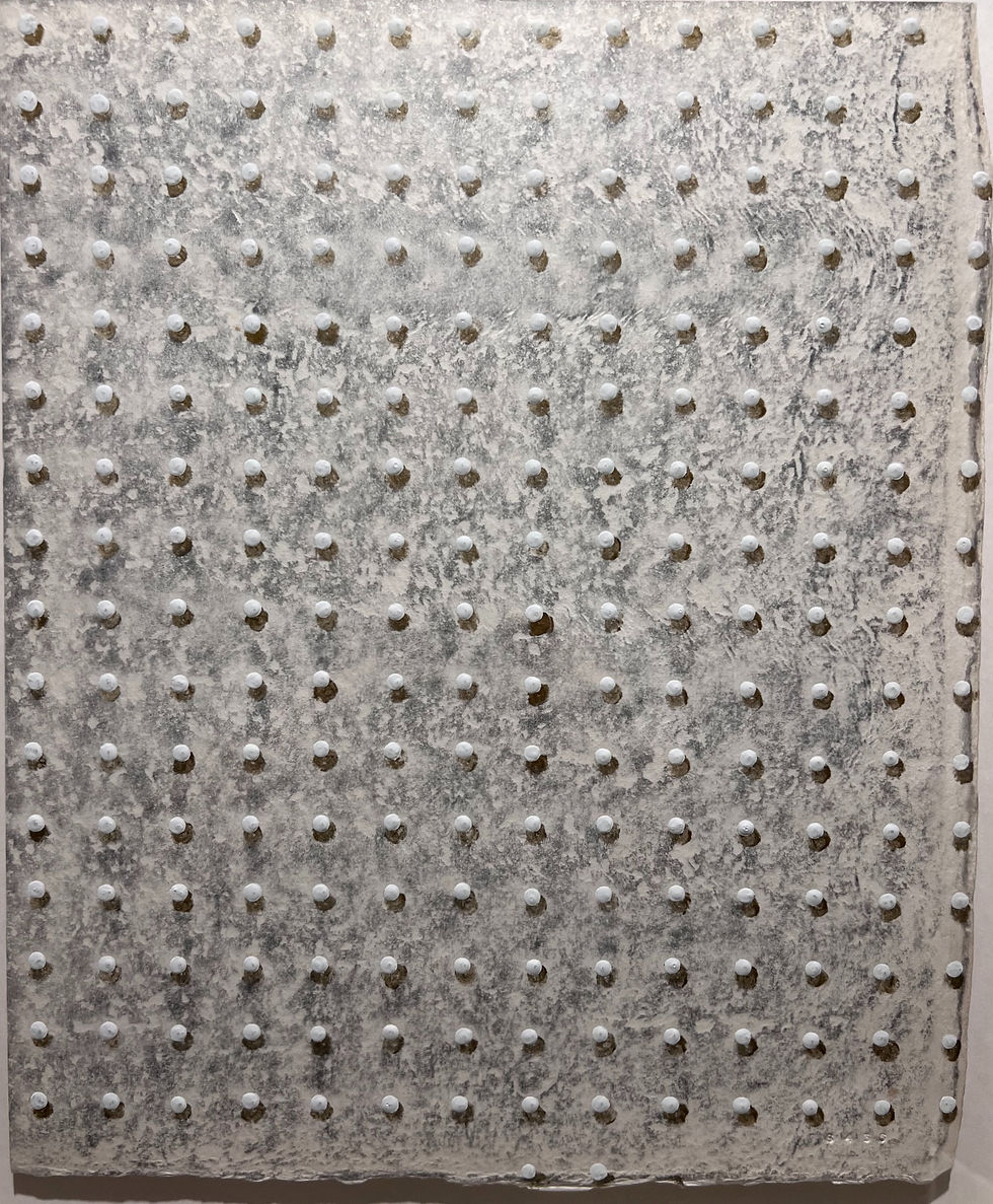 Time Layers S436 (1993) by Hiroyuki Suzuki, a mixed-media work on paper with rows of raised white dots across a textured grey