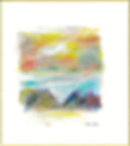 Seascape IV by Yves Millet, pastel on shikishi with golden sky above violet rocks and turquoise sea.