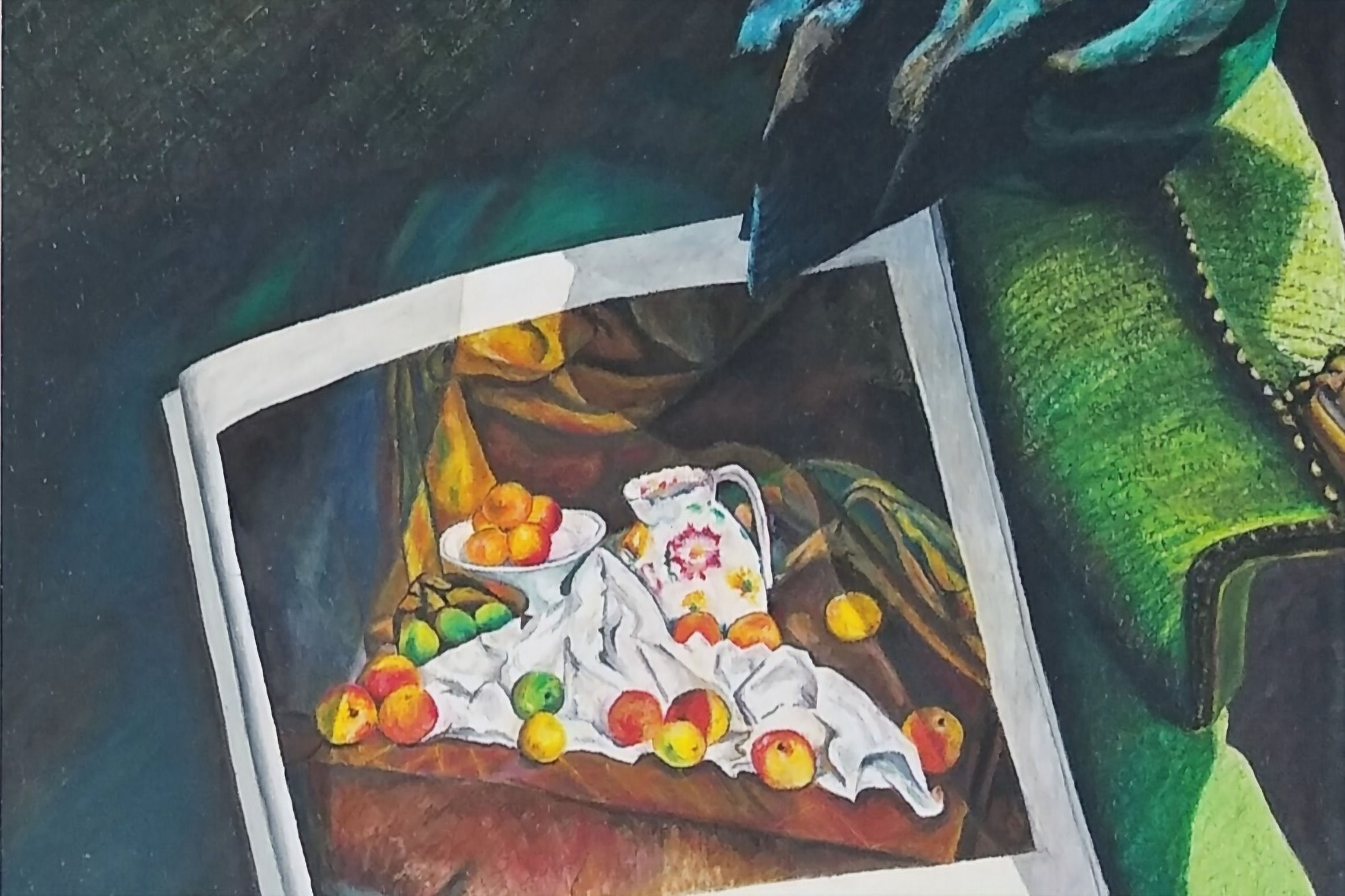Oil pastel representing a magazine with a picture of matisse's apples by Clotilde Aksin-Frappier