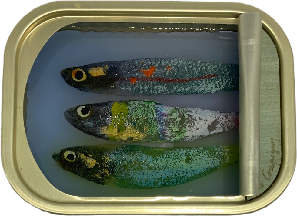 "Artwork by Ortaire de Coupigny showing colorful fish enclosed in a translucent resin sea"