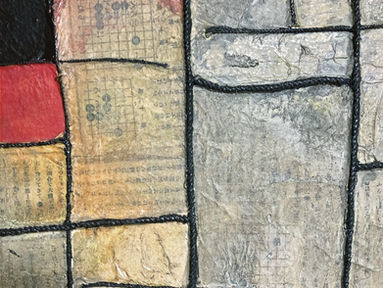 Détail d’une peinture de Hiroshi Soga montrant une structure en fils tendus et des collages liés au jeu de go