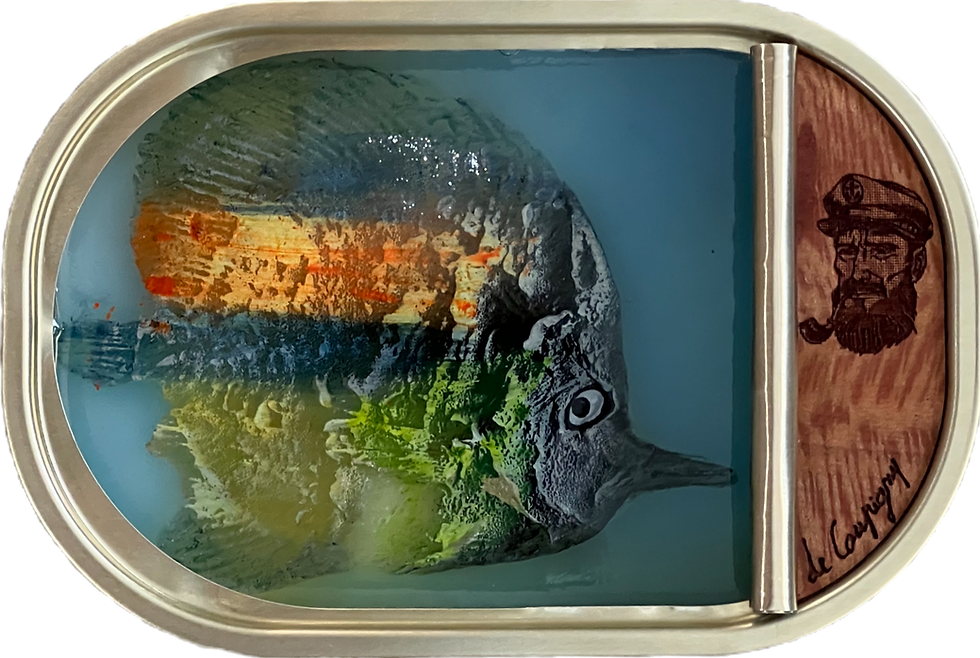 Vividly colored sculpted fish in a sardine tin sealed with resin, signed by Ortaire de Coupigny with captain engraving.