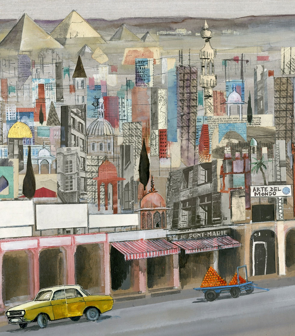 Thumbnail: Cityscape by Olivia Lomenech Gill, city detail of a large-scale one-of-a-kind original artwork