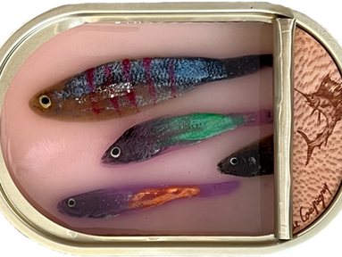 Poissons peints et sculptés dans une boîte de sardines en aluminium, œuvre d’Ortaire de Coupigny