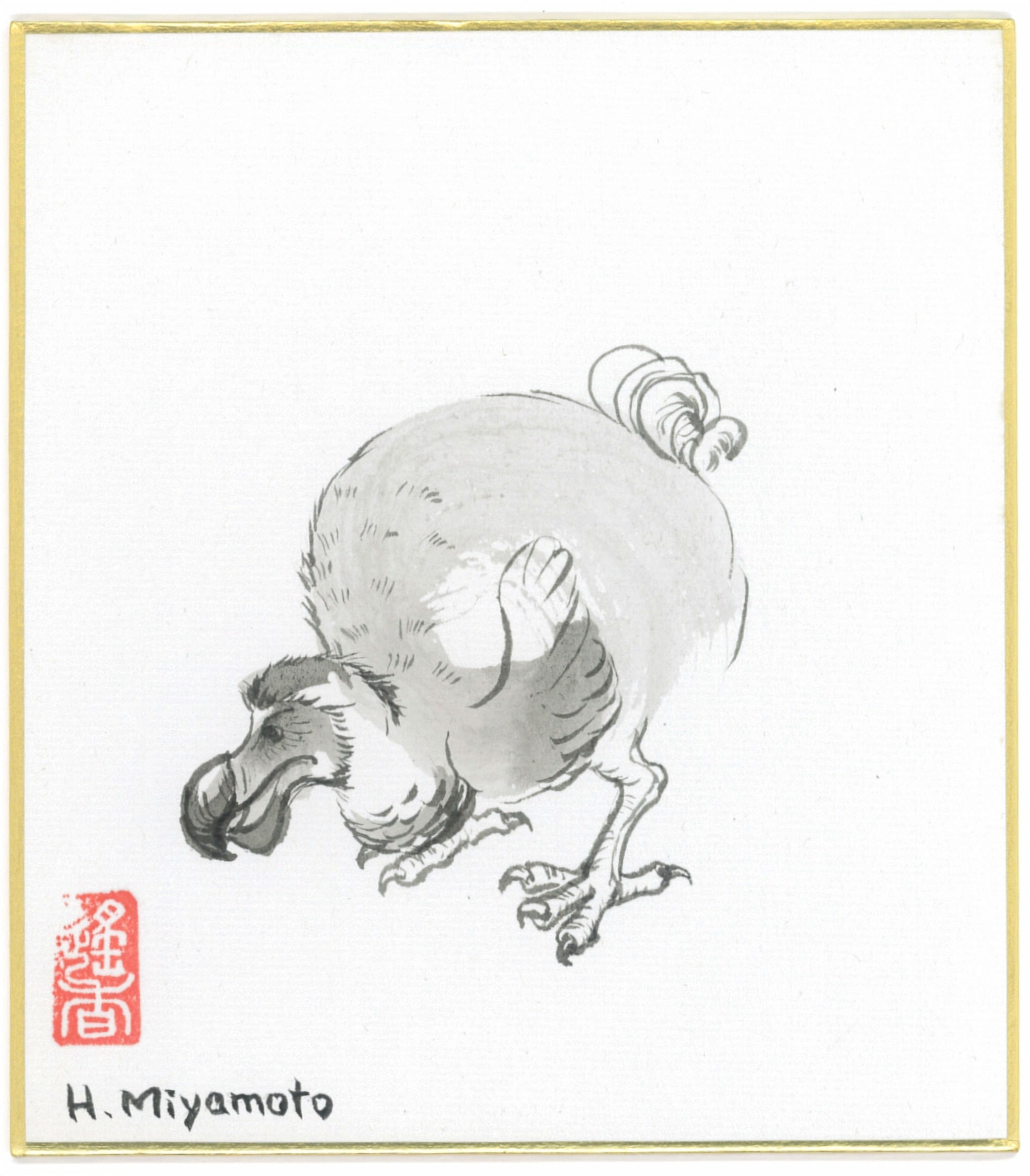 Ink painting of a dodo bird bowing its head, by Haruka Miyamoto on mini-shikishi board
