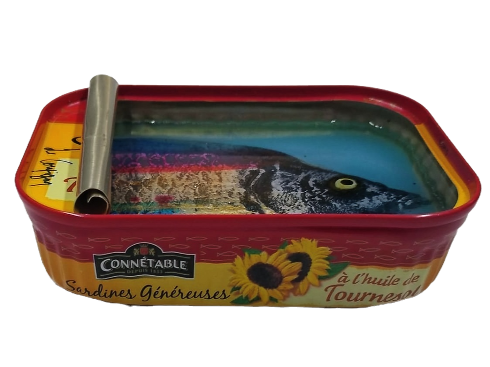 Sculpted fish in a sardine's can by artist Ortaire de Coupigny