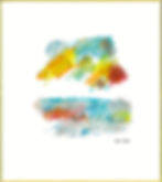 Abstract pastel seascape by Yves Millet, bold yellow-orange sky over layered blue waters.