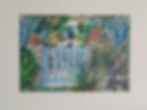 Oil pastel of a Mediterranean garden in Faros, Sifnos, with a blue gate and lush greenery.