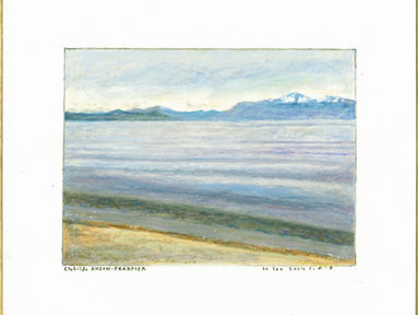Oil pastel landscape of Lake Geneva from Morges by Clotilde Aksin-Frappier on Japanese shikishi art board