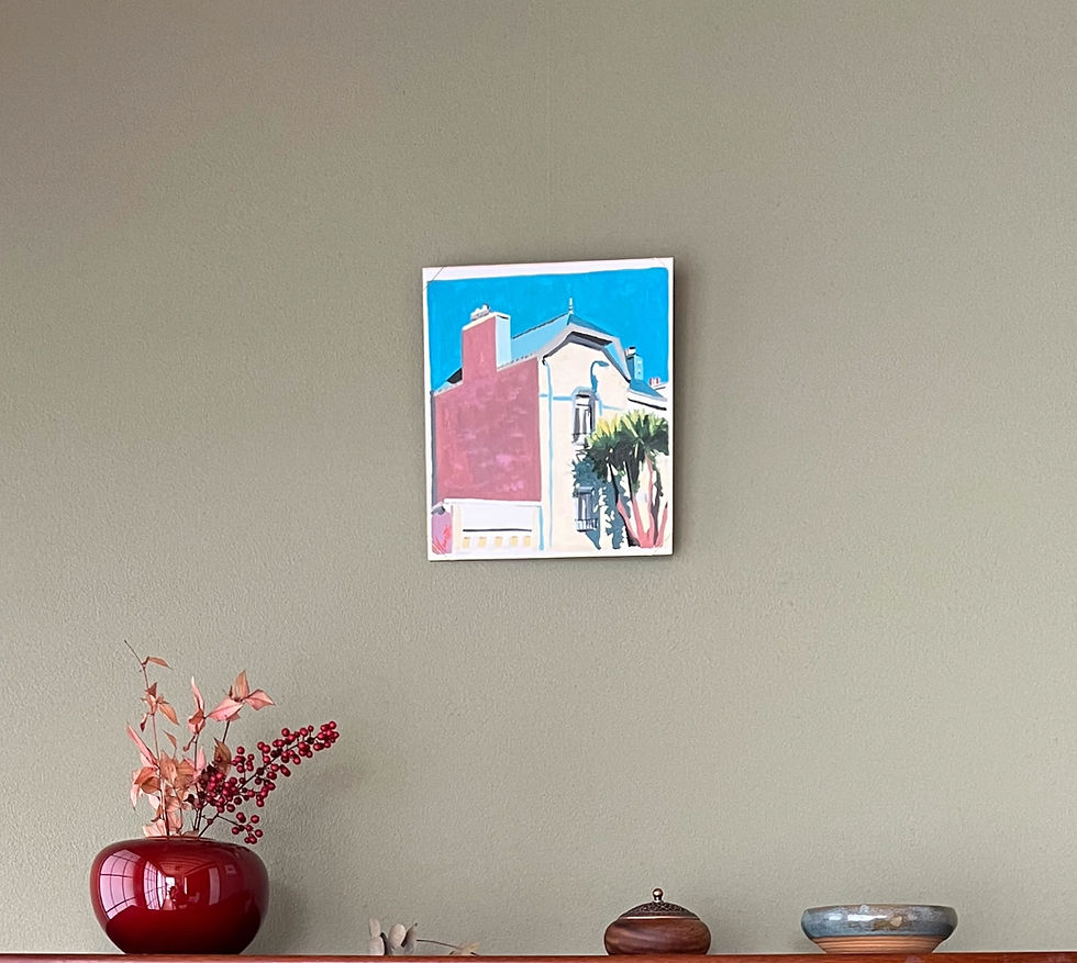 Shikishi painting by Sebastien Coueffic depicting an architectural facade, displayed at Art San Gallery, Japan.