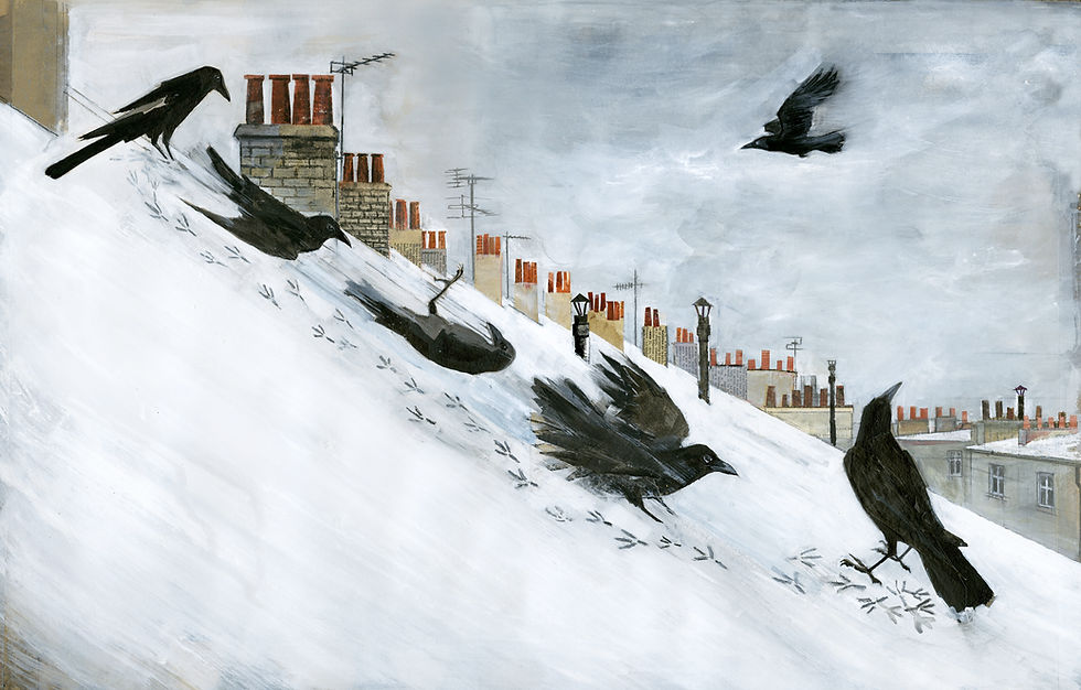 This artwork by Olivia Lomenech Gill juxtaposes urban architecture with the lively and playful nature of crows in the snow.