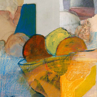 Painting by Christian Halna du Fretay with orange, blue, grey forms illustrating an essay on Figurative abstraction