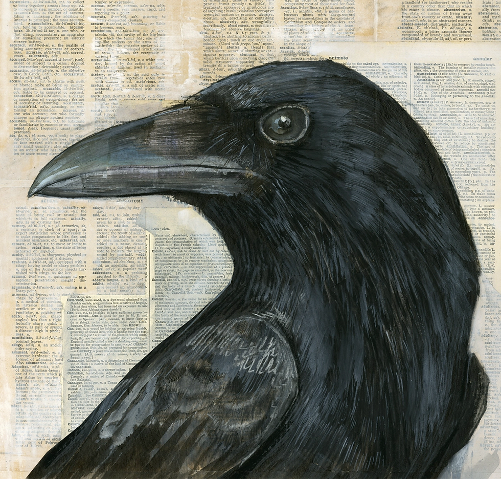 Thumbnail: Crow Skull by Olivia Lomenech Gill, detail of the crow in a large-scale one-of-a-kind original crow artwork