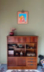 Sebastien Coueffic oil painting on a Japanese shikishi art board displayed in Art San Gallery setting above a wooden cabinet.