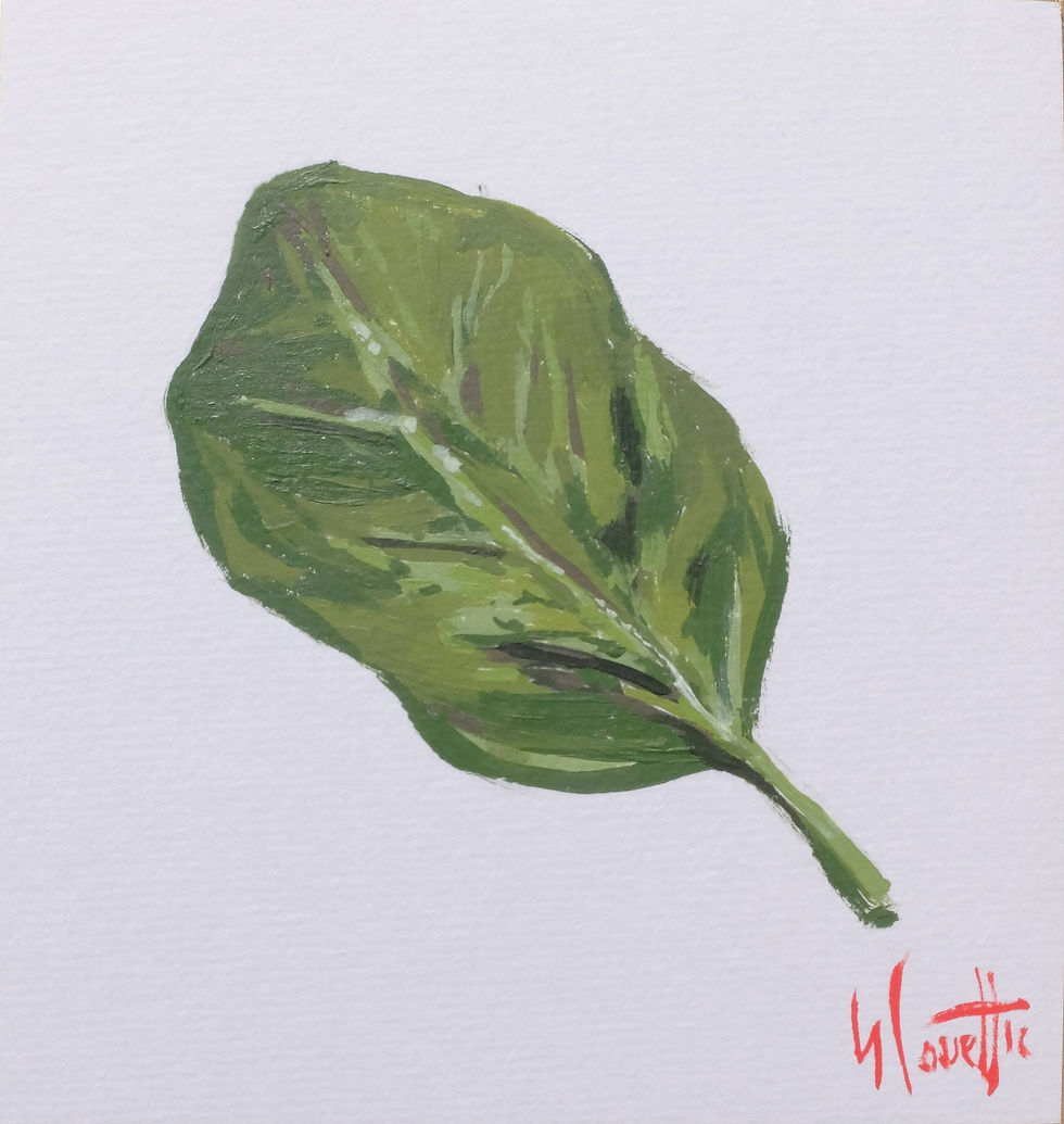 Spinach leaf oil painting by Sebastien Coueffic on a Japanese shikishi art board