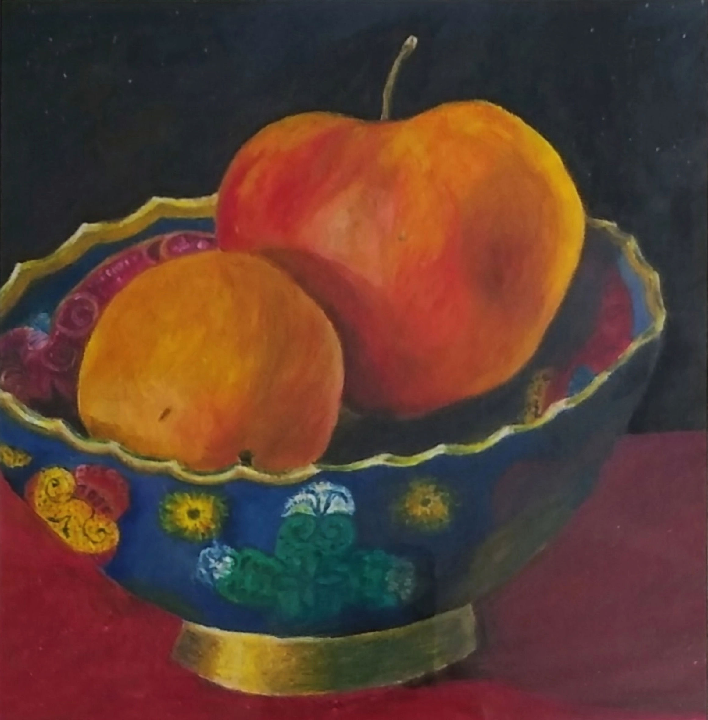 Two apples in a blue ceramic by Clotilde Aksin-Frappier