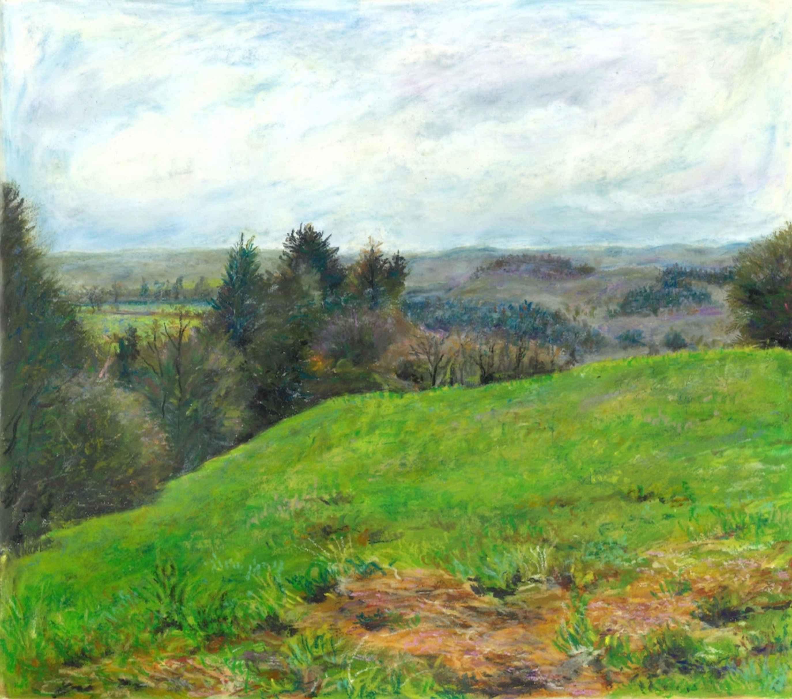 Oil pastel representing a landscape of french brittany with green hills and dark green pine trees.