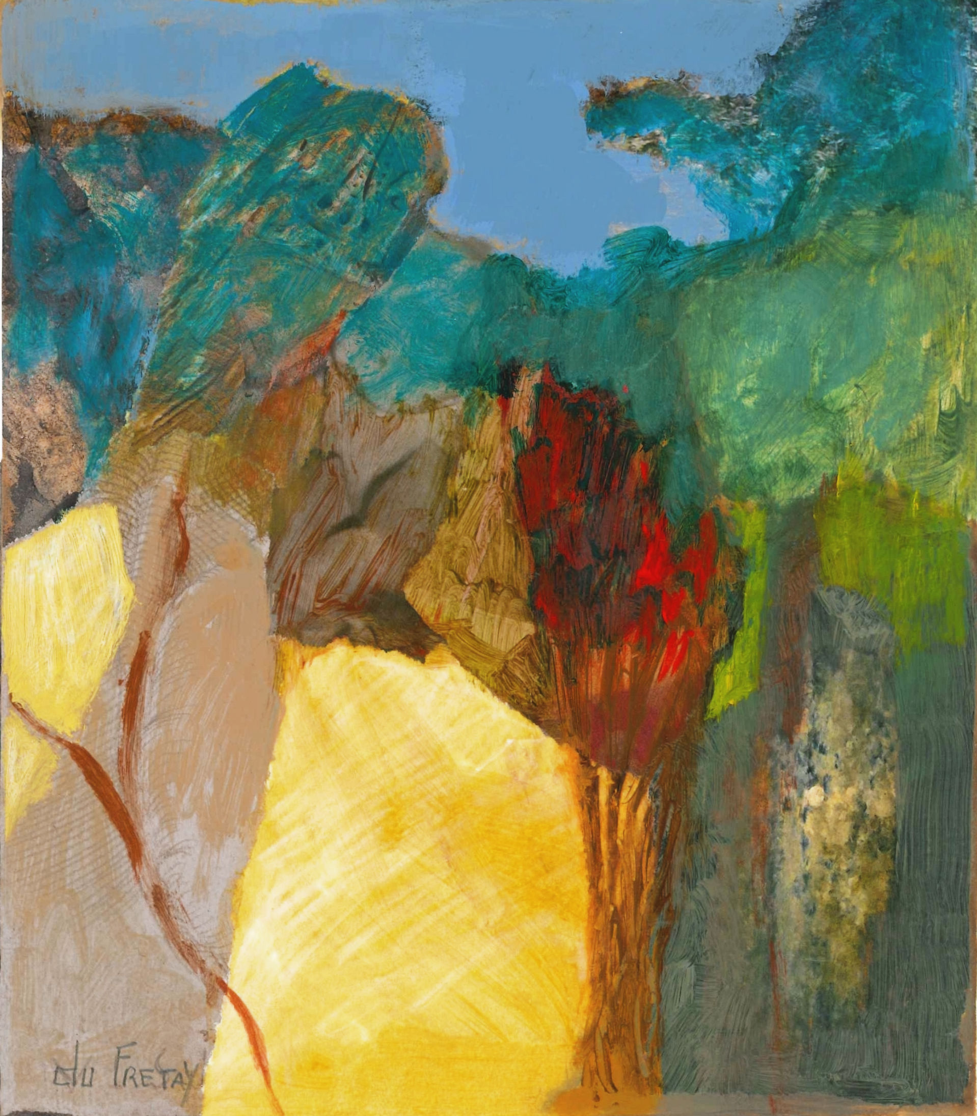 Detail of textured yellow and green planes in the figurative abstraction Vers d’autres Finistère.