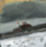 Detail of a large original oil painting by Olivia Lomenech Gill showing a farmer at work.
