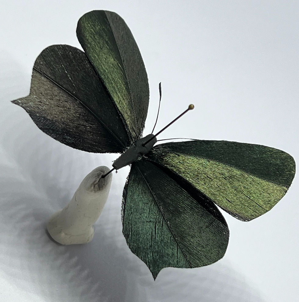 Front angled view of Haruka Miyamoto’s green butterfly sculpture in leather and silk.