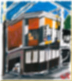 Oil painting of an orange facade in Gujo Hachiman by Sebastien Coueffic on Japanese shikishi art board