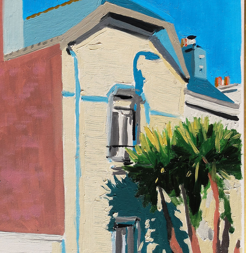 Thumbnail: Sunlit house façade with palm shadow, oil painting on Japanese shikishi board by Sébastien Coueffic.