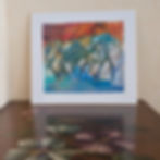 Mixed media landscape artwork with trees by Christian Halna du Fretay, on a japanese shikishi and photographed on a table.