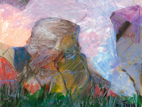 "Light on the Broken Rocks" by Christian Halna du Fretay. Painting on a shikishi, an historic japanese art board.