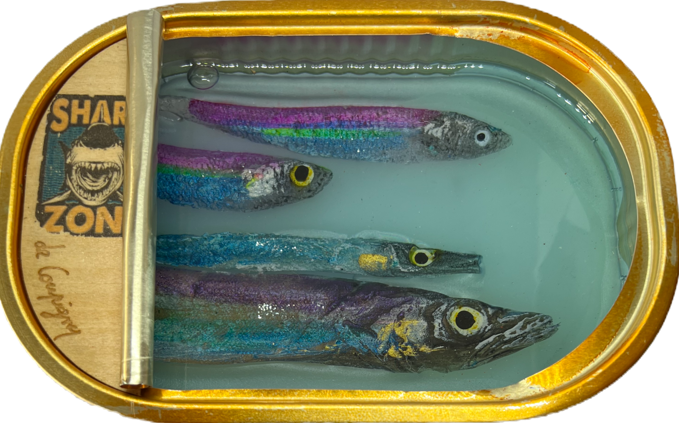 Original sardine can artwork by ortaire de coupigny with an engraved shark