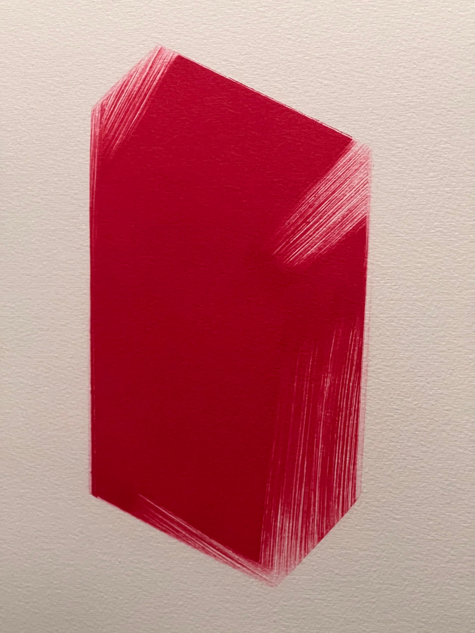 Detail of fine parallel lines crossing the edges of the red form in Hiroyuki Suzuki’s monotype.