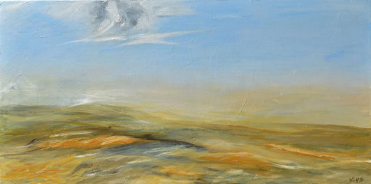 Minimalist blue, ochre and green canvas painting of the Australian desert during a dust storm