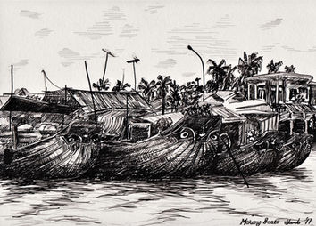 pen drawing of wooden boats on the mekong river in Vietnam